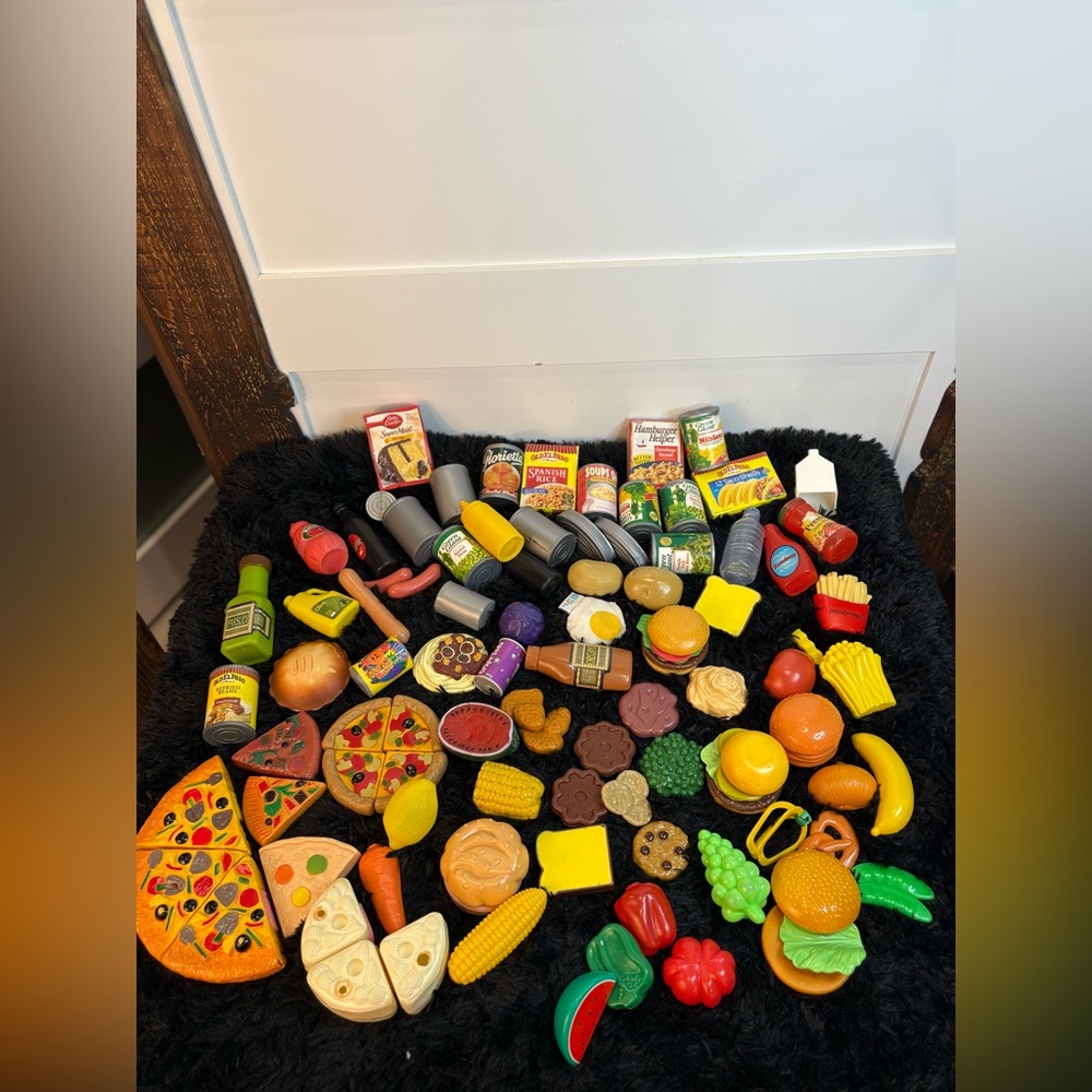 Vintage Play Food Lot for Kids Magnetic Plastic Cans Boxes Snacks Burgers Toy
